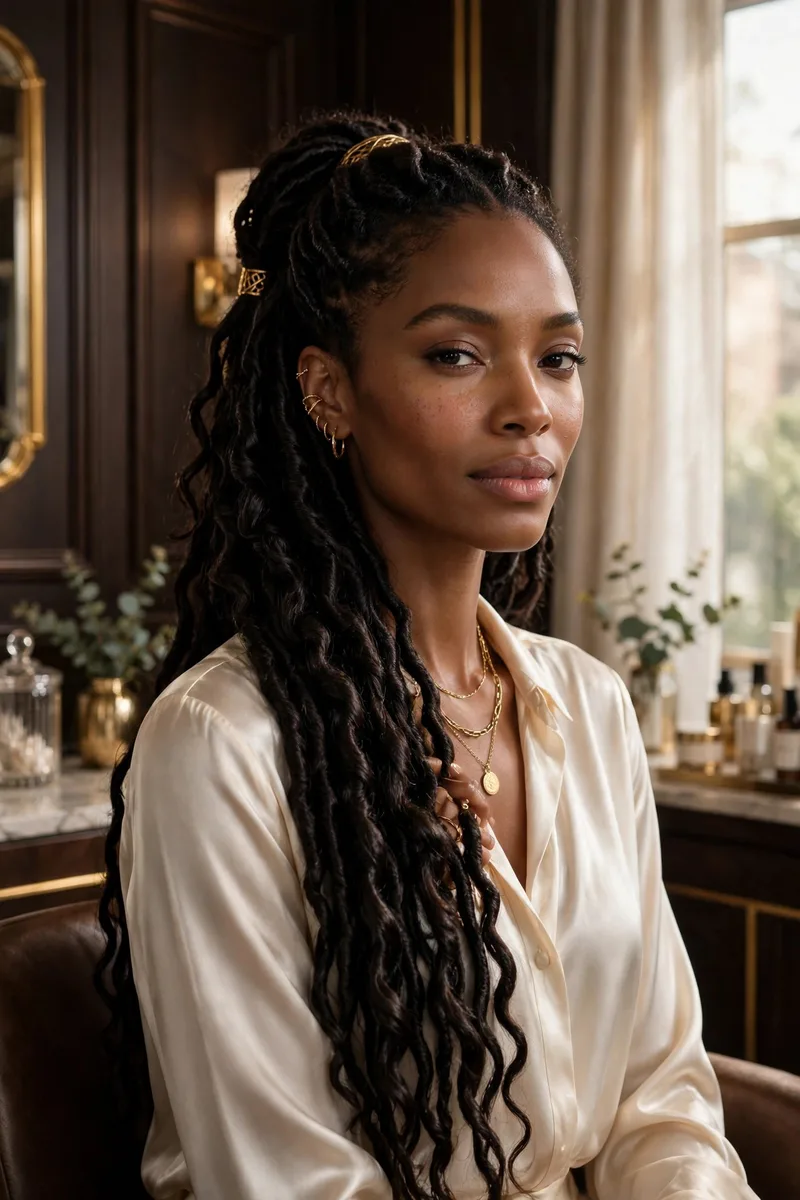 A client with long, glossy locs styled half up, seated in the Culture and Locs suite