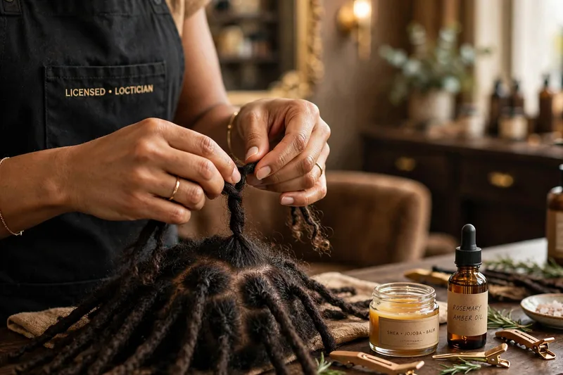 Shameila's hands retwisting a client's locs, with natural oil and balm on the station